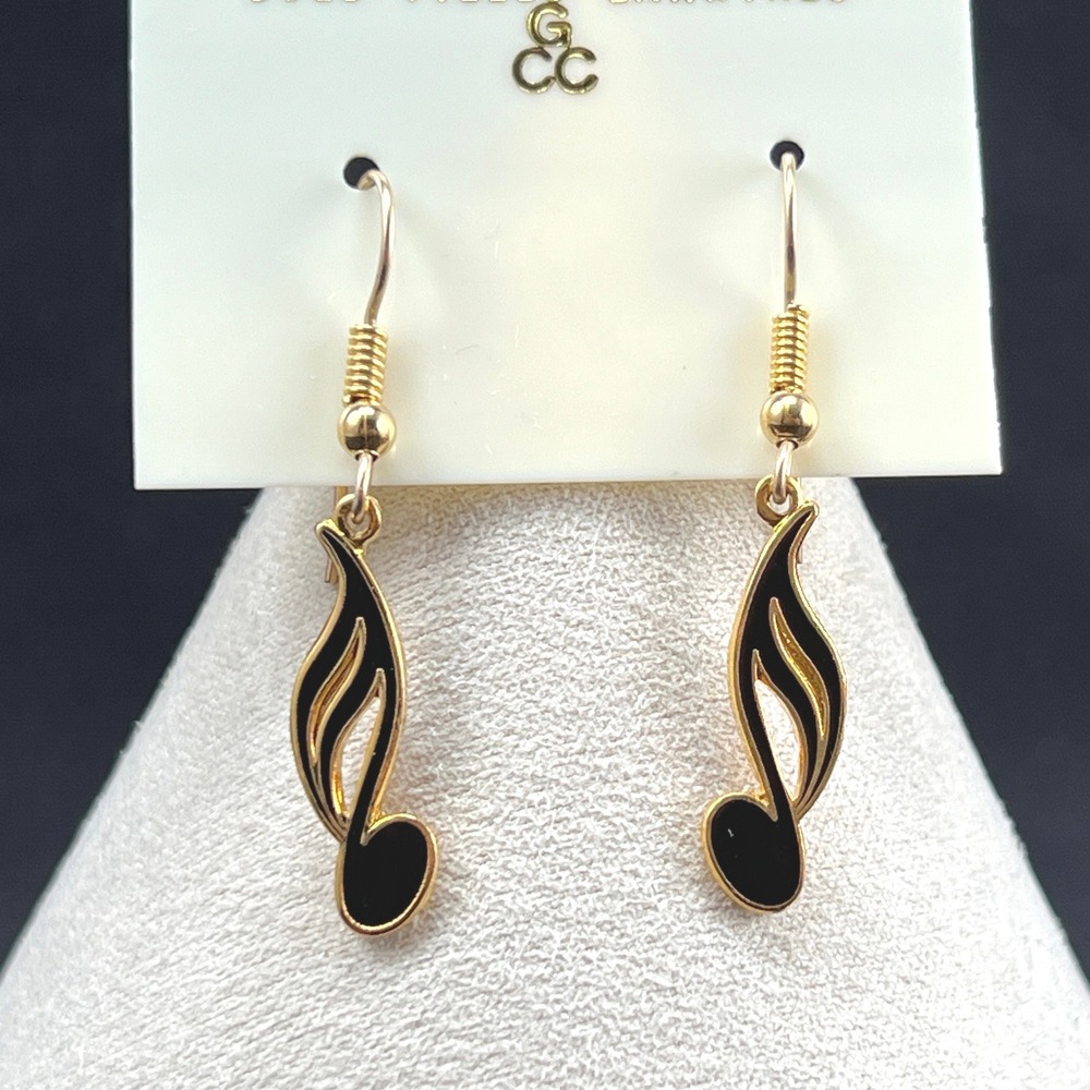 Vintage Earrings Music Notes Gold Tone‎ Black Enamel Musician